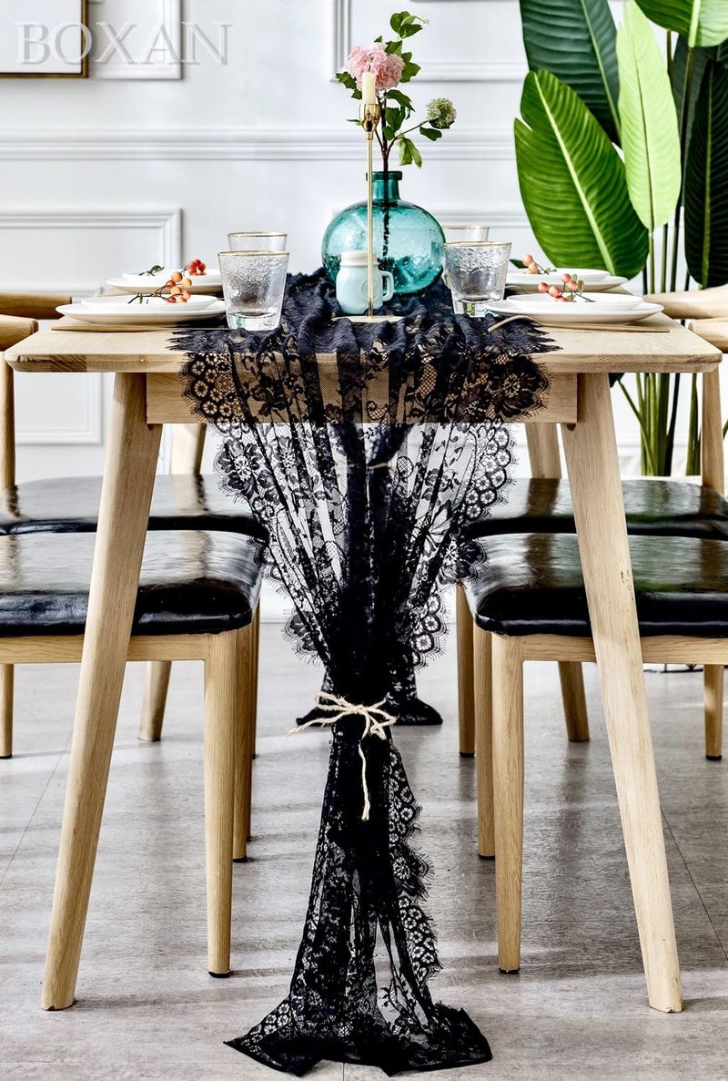 BOXAN 30x120 Inch Mysterious Black Lace Table Runner Boho Thanksgiving Lace Runner, Rustic Wedding Decorations, Lightweight Table Cover for Birthday Party Supplies Wedding Anniversary Party Decor - Image 3